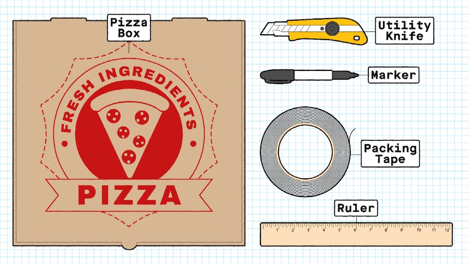 An illustration of the supplies needed for the boomerang, including a cardboard pizza box, a utility knife, a marker, a roll of packing tape, and a ruler.