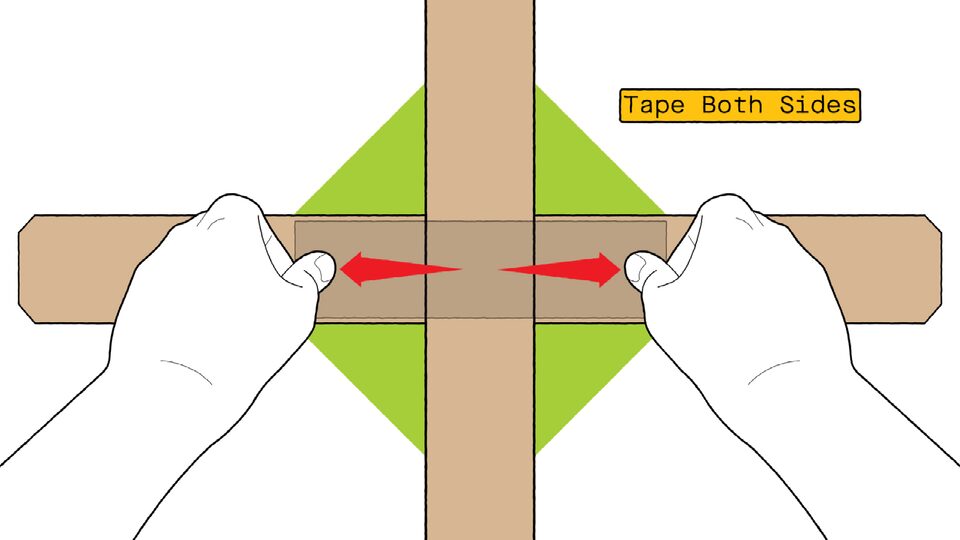 An illustration of someone’s hands taping the two cardboard boomerang blades together. Text on the image says “tape both sides.”
