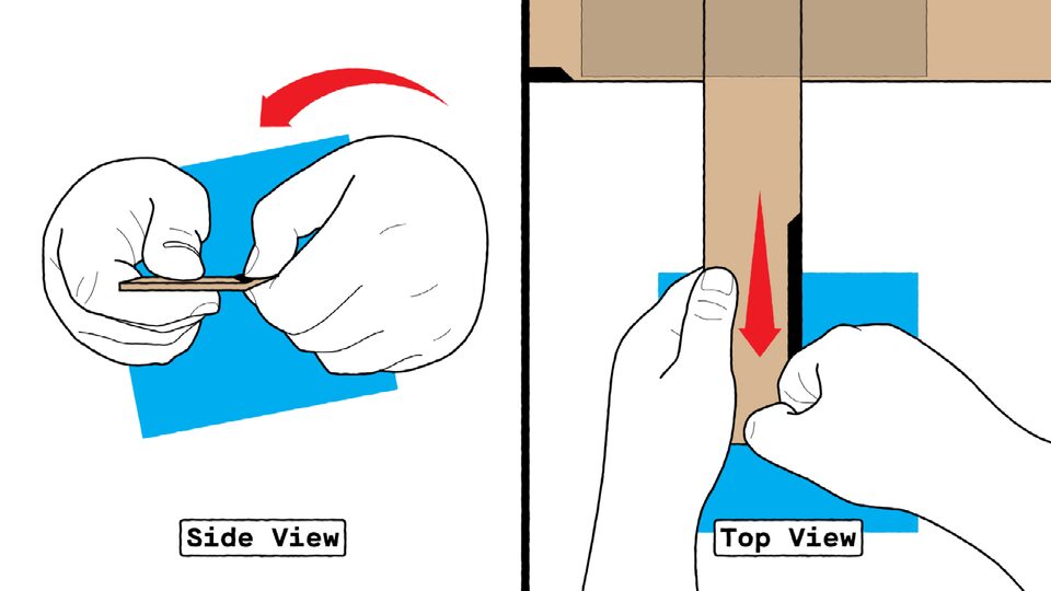 An illustration of someone’s hands crimping the marked edge of a boomerang blade, with one view from the side and one from the top.