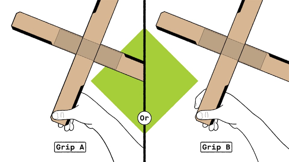 An illustration showing two ways to hold a cardboard boomerang before throwing it. One illustration is labeled “grip A” and it shows all four fingers curled behind the end of the bottom blade. The other is labeled “grip B” and it shows the index finger curled around the front edge of the bottom blade.