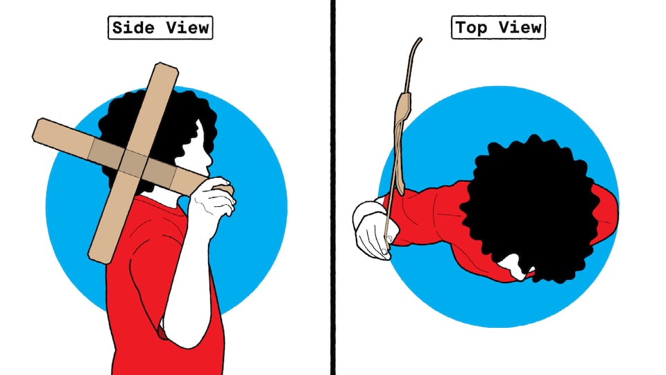 An illustration of someone preparing to throw a cardboard boomerang, with one view from the side and one from the top.