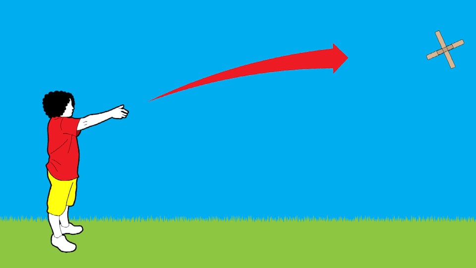 An illustration of a person with their right arm extended after throwing a boomerang. The boomerang is flying away from them and a large red arrow shows its movement.