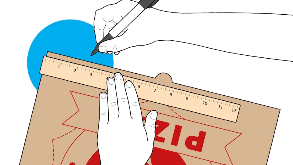 An illustration of someone’s hands holding a marker and a ruler as they get ready to measure and mark a pizza box lid.