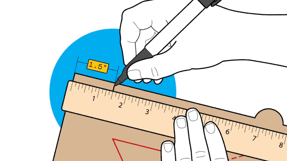 An illustration of someone’s hands using a marker and a ruler to put a mark 1.5 inches from the edge of a pizza box lid.