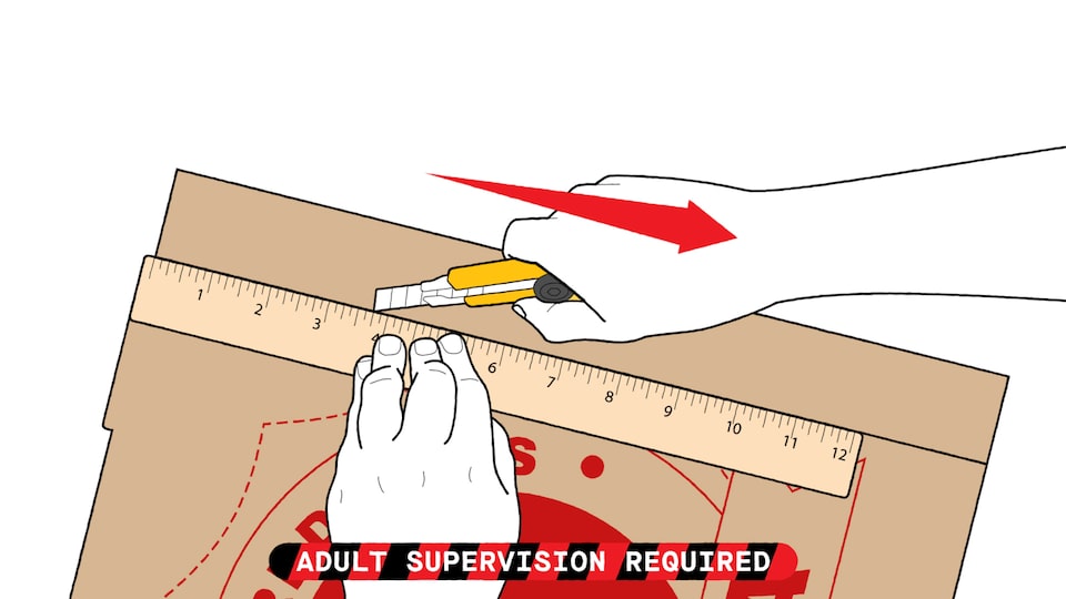 An illustration of someone’s hands using a ruler and a utility knife to cut along a marked line on a pizza box lid.