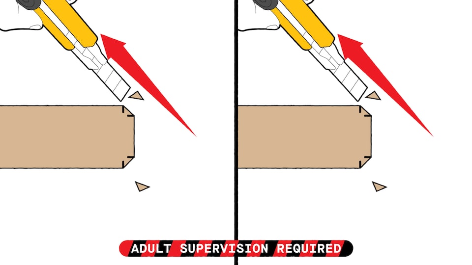 An illustration of a utility knife as it cuts off the corners of the cardboard boomerang blades at the 1/4-inch markings.