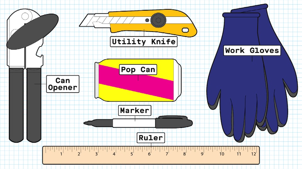 An illustration of the materials needed for the pop can flyer: a pop can, a marker, a ruler, a pair of work gloves, a utility knife, and a can opener.