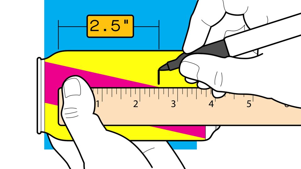 An illustration of a pair of hands holding a ruler up to a pop can and using a marker to put a black mark two and a half inches from the shoulder of the can.