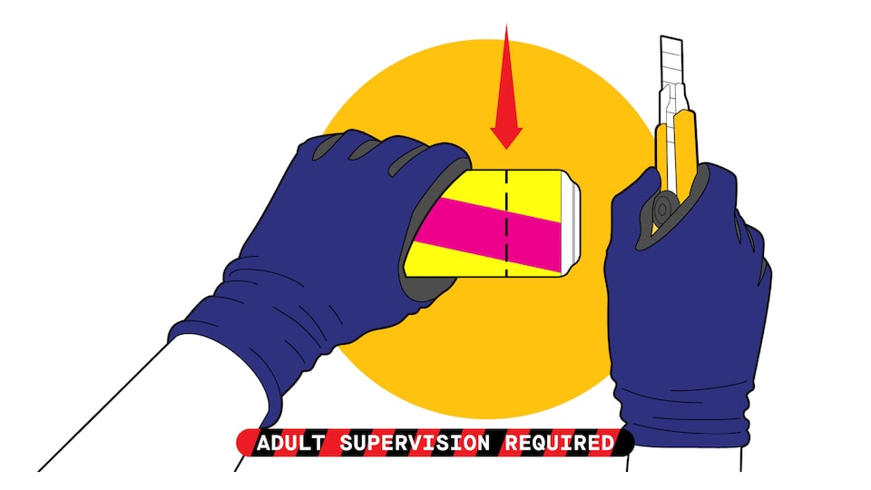An illustration of a pair of hands wearing work gloves holding a pop can and a utility knife. A dotted line shows where to cut the can. Text over image reads “adult supervision required.”