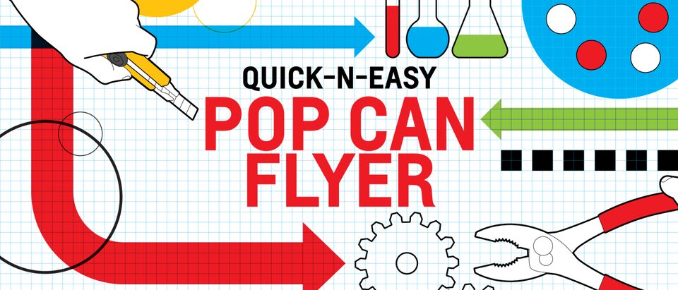 An illustration on white and blue graph paper of a hand holding a utility knife, several glass beakers and test tubes, a gear, and a pair of pliers with the words “Quick-n-Easy Pop Can Flyer.”