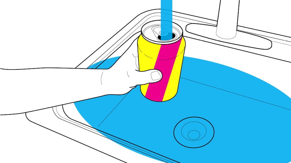 An illustration of a hand holding a pop can over a sink and filling it with water.