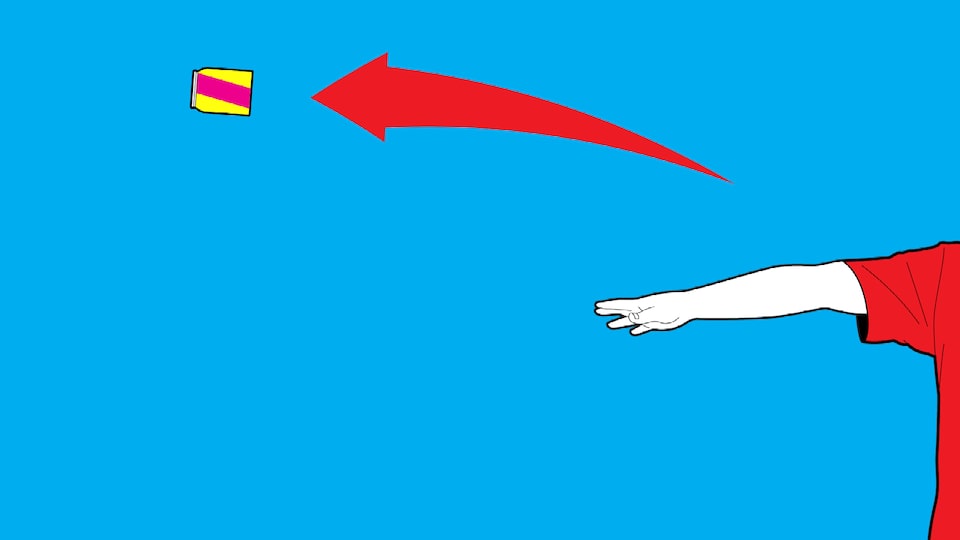An illustration of a person’s arm and hand after throwing the pop can flyer, which is flying through the air with a big red arrow showing its path.