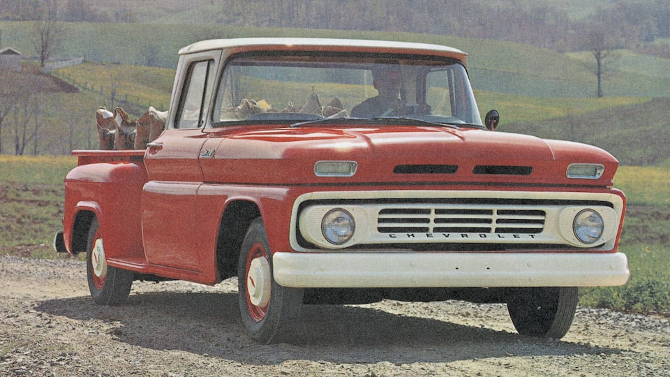 An old photograph of a red Chevy C/K Series pickup from the 1962 C/K brochure.