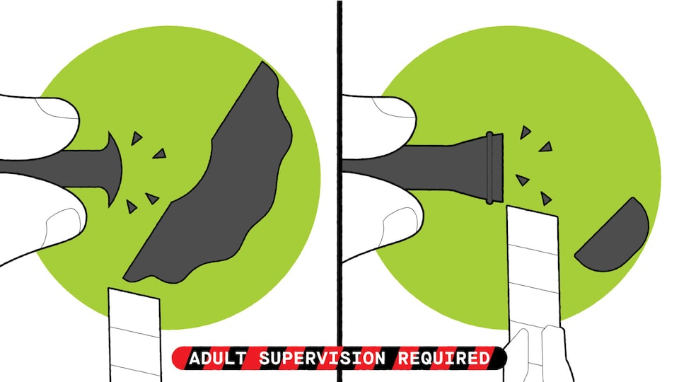 An illustration of a utility knife cutting away the excess rubber from a bike tire stem and cutting the top off a car tire stem. Text at the bottom reads “Adult supervision required.”