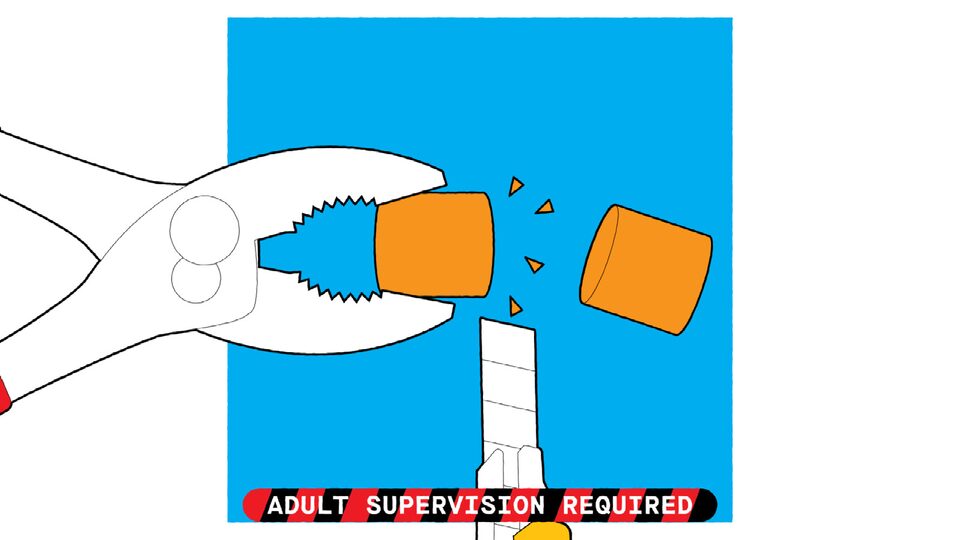 An illustration of a pair of pliers holding half of cork while the other half falls away after it’s cut with a utility knife. Text at the bottom reads “Adult supervision required.”