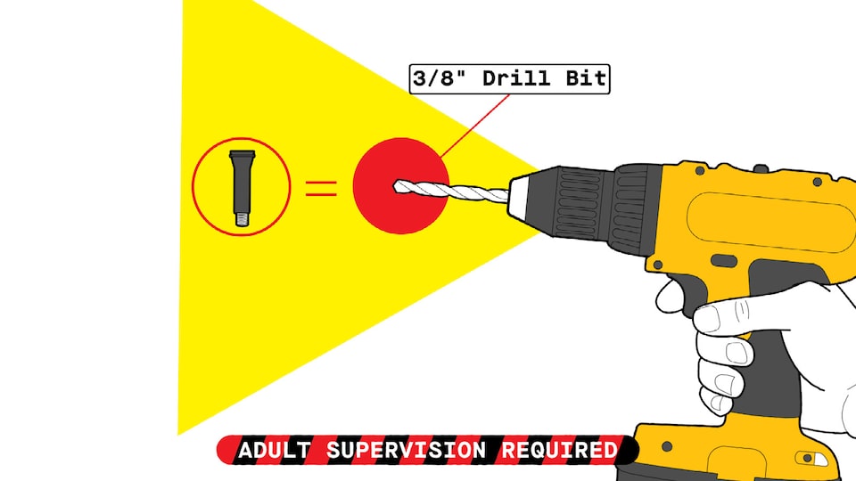 An illustration of a hand holding an electric drill and a close-up of a drill bit, with text reading “3/8-inch drill bit.” Text at the bottom reads “Adult supervision required.”