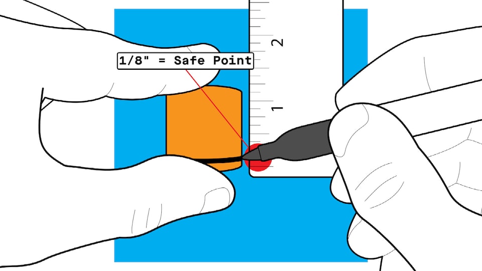 An illustration of a pair of hands using a ruler and a marker to mark a line across a cork near one end. Text reads “1/8 inch - safe point.”