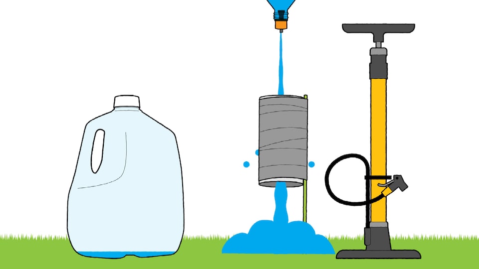 Una ilustración de una botella de plástico saliendo disparada desde el extremo superior de un tubo de cartón con un charco de agua debajo.
