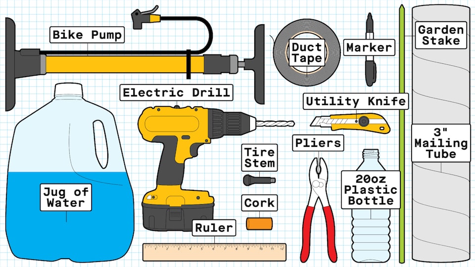 An illustration of a jug of water, a bike pump, an electric drill, a wooden ruler, a car tire stem, a cork, a pair of pliers, a roll of duct tape, a utility knife, a plastic bottle, a marker, a garden stake, and a cardboard mailing tube.