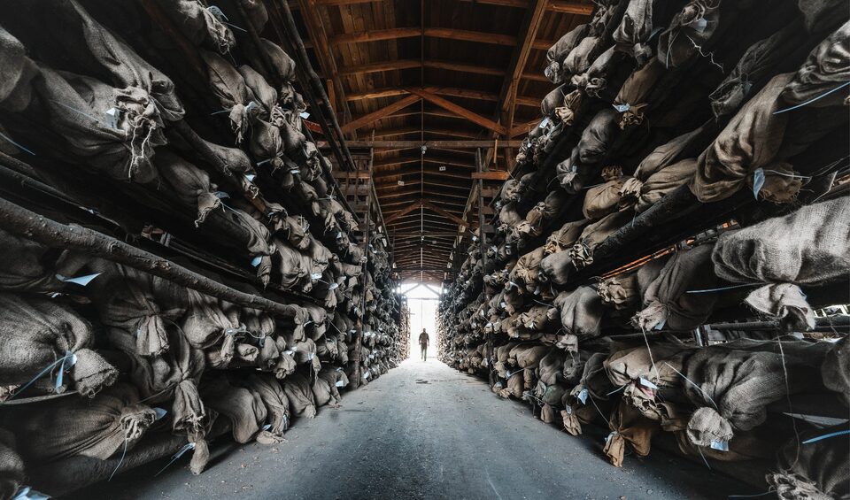 A large building with long rows of shelves that are all filled with bags of seeds.