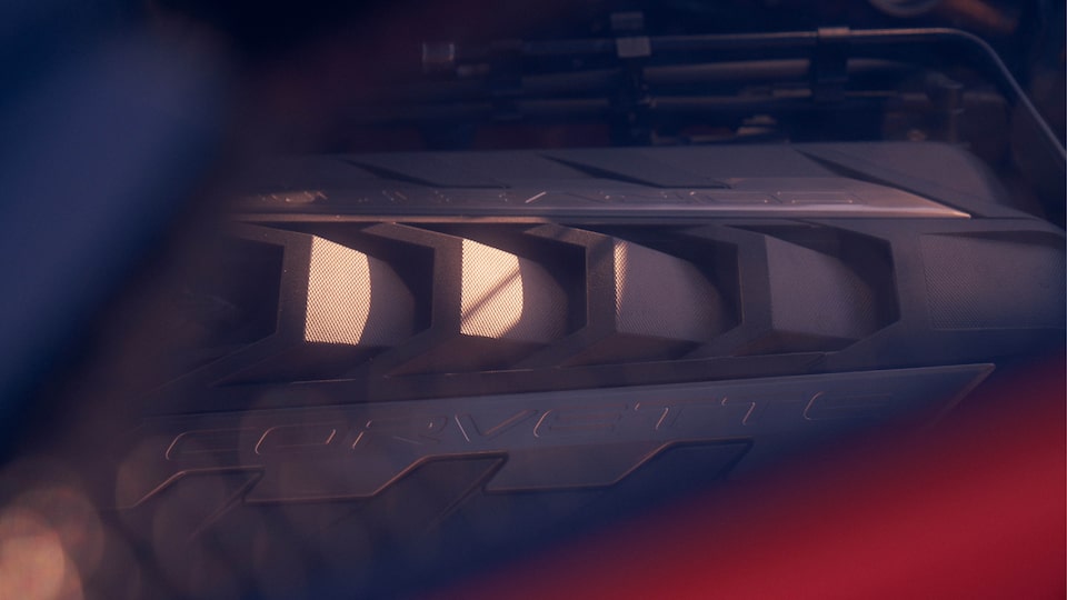 A close-up of the engine block on a 2020 Corvette.