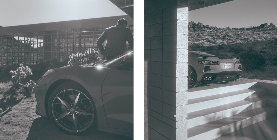 Two photos: On the left, the front end of a 2020 Corvette. On the right, the back end of the same car.