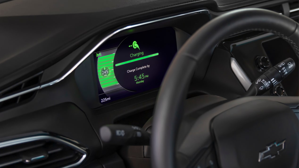 The interior of a Bolt EUV, showing the steering wheel and instrument panel.