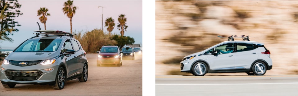 Two images: On the left a line of Bolt EVs drives down a palm-tree-lined road by a beach. On the right a Bolt EV with a snowboard strapped to the roof rack on top drives down a road with a blurred background.