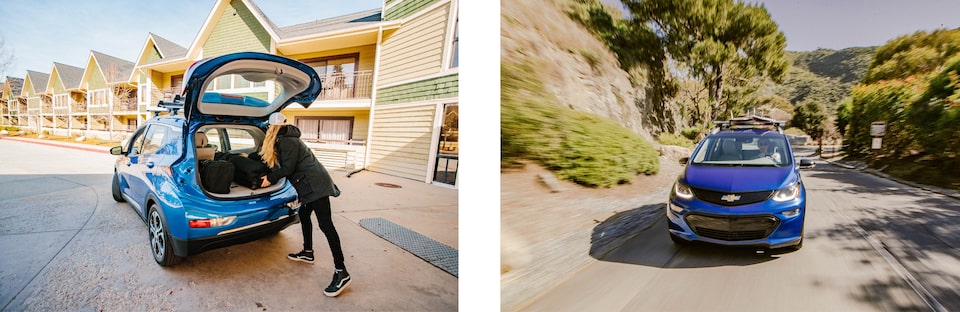 Two images: On the left, a woman loads gear into the back of a Bolt EV parked in a hotel parking lot. On the right, a Bolt EV drives up a mountain road.