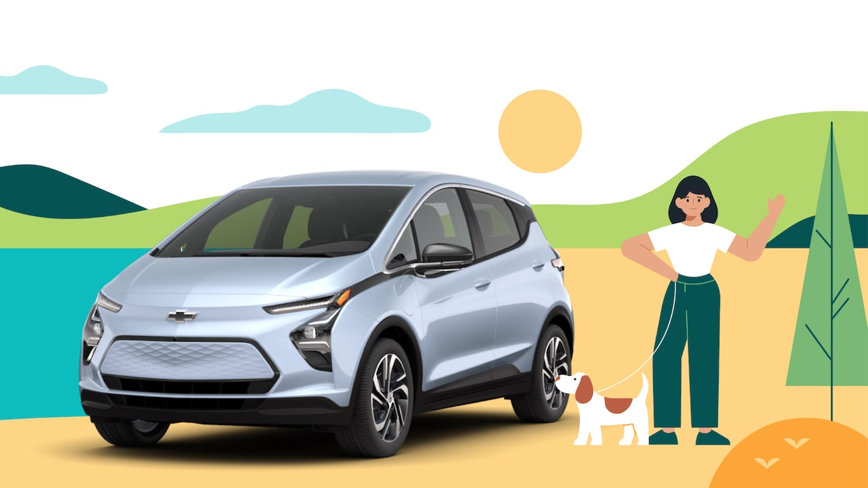 A cartoon-like illustration of a lake, hills, clouds and sun, with a person and a small brown and white dog standing next to a real-life 2022 Bolt EV in the Silver Flare Metallic color.