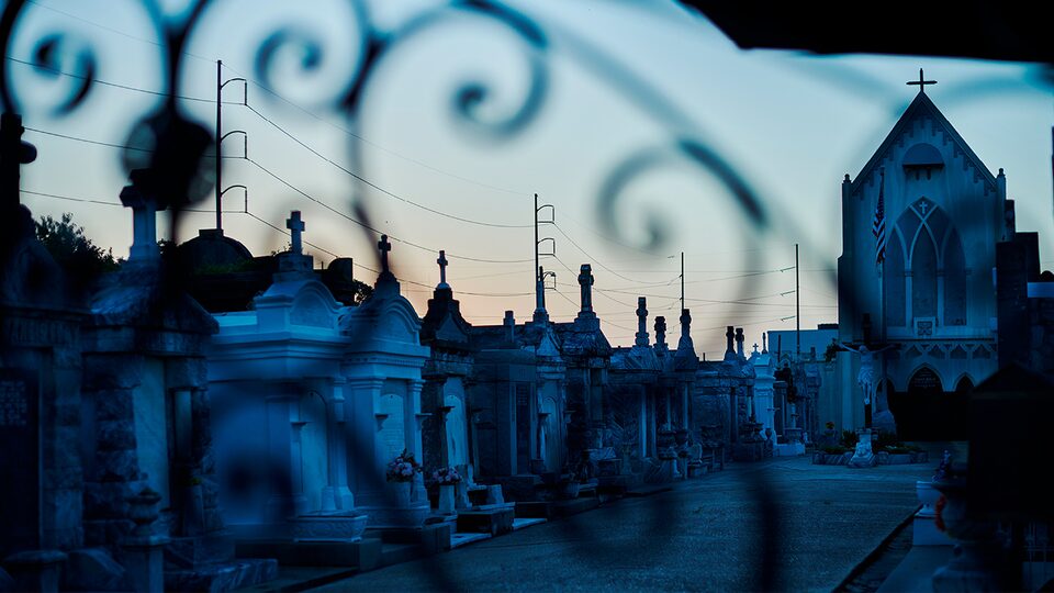 Criptas sobre la superficie y una capilla en un cementerio, vistas a través del portal de hierro forjado.