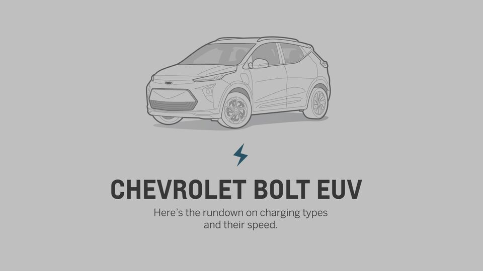 A line drawing of a Bolt EUV appears above the words: Chevrolet Bolt EUV -- here’s the rundown on charging types and their speed.