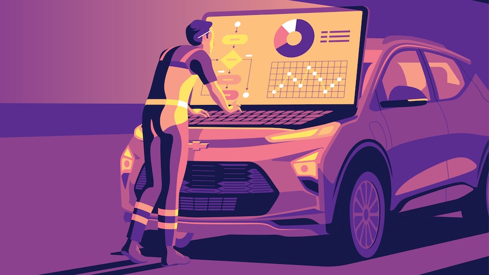 Ilustración de una persona parada en frente de un auto, trabajando debajo de un cofre abierto; pero el cofre es, en realidad, la pantalla de una computadora y la persona está pulsando las teclas de un enorme teclado ubicado donde iría el motor.