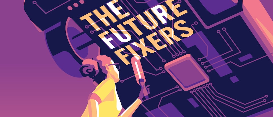 An illustration of a person standing underneath a car that is raised up above their head, holding a glowing light up to the underside of the car, where the words "The Future Fixers" are lit up.