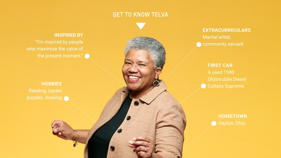 Telva McGruder smiling and snapping her fingers. Words around her read: Get to know Telva. Inspired by: “I’m inspired by people who maximize the value of the present moment.” Hobbies: Reading, jigsaw puzzles, drawing. Extracurriculars: Martial artist, community servant. First car: A used 1980 Oldsmobile Diesel Cutlass Supreme. Hometown: Dayton, Ohio.