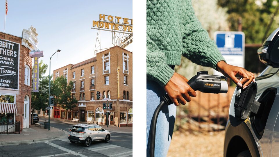 Two photos: On the left is a Bolt EUV driving through an intersection in downtown Flagstaff, Arizona; on the right is a closeup of a person plugging a charging cable into a Bolt EUV.