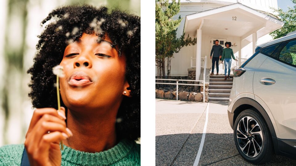 Two photos: On the left, a person blows the seeds from a dandelion puff; on the right, two people come out of an astronomy observatory and walk down steps toward a Bolt EUV in the parking lot.