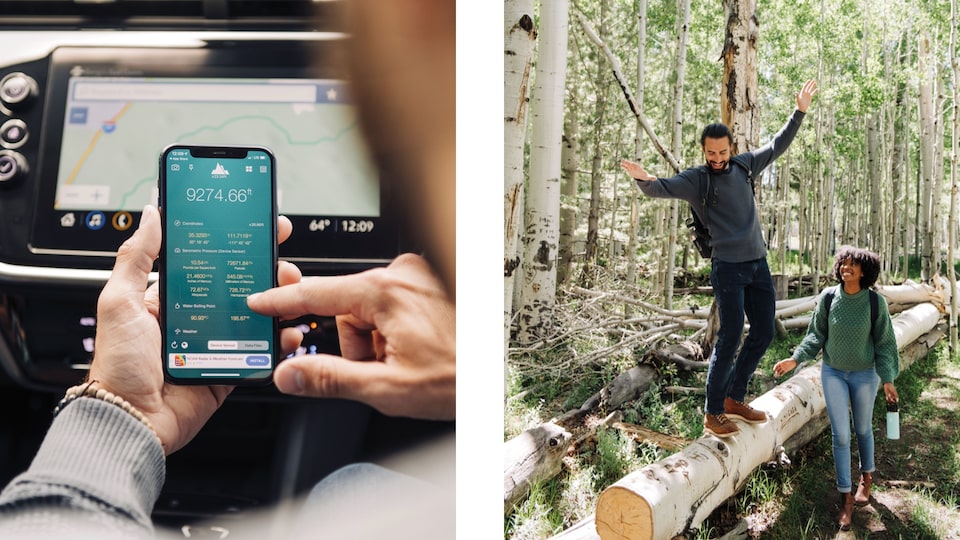 Two photos: On the left, a closeup of someone in the front passenger seat of a Bolt EUV using an app on their phone; on the right one person balances on a large log next to a hiking trail in a forest while another person watches.