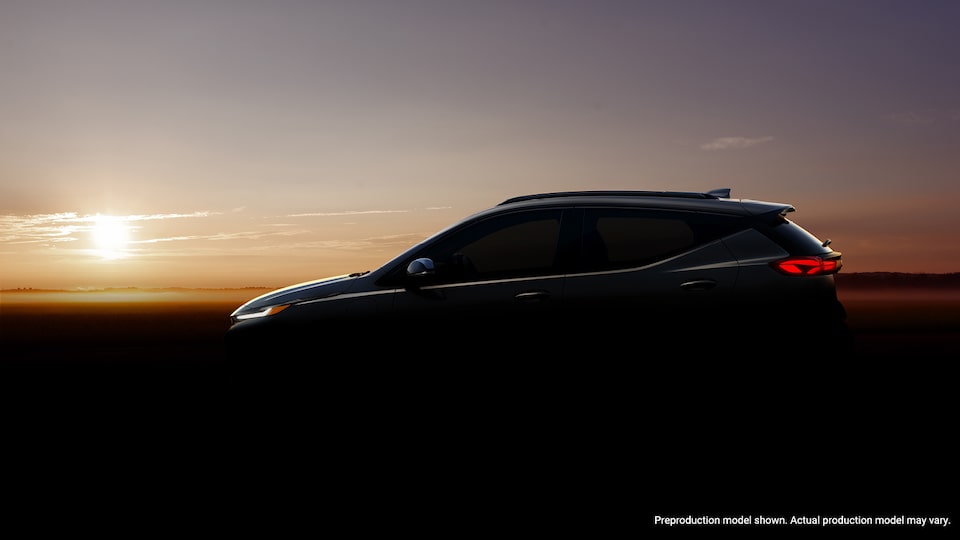 A profile shot of the new Bolt EUV (electric utility vehicle). Text over the image reads: Preproduction model shown. Actual production model may vary.