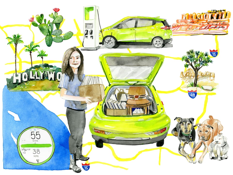 An illustration of Nicole Dome surrounded by several views of her Shock green Bolt EV, her dogs, and California landscape like the ocean, the Hollywood sign, red rocks, and cactus.