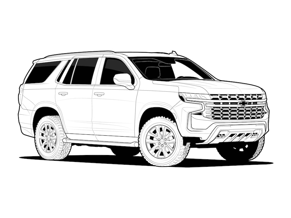 A black and white line drawing of a 2021 Chevy Tahoe.