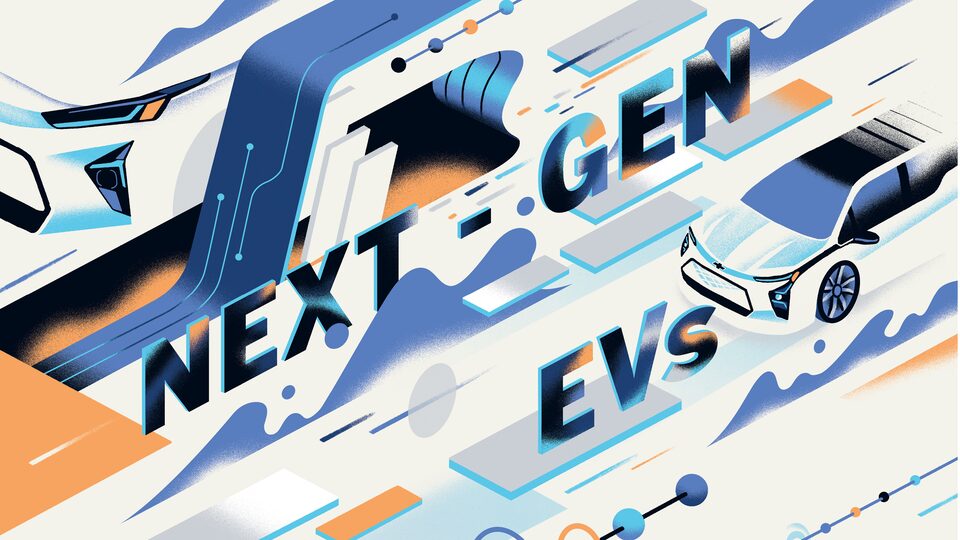 Ilustración de un vehículo eléctrico, con un fondo futurista y la frase "EV de próxima generación".