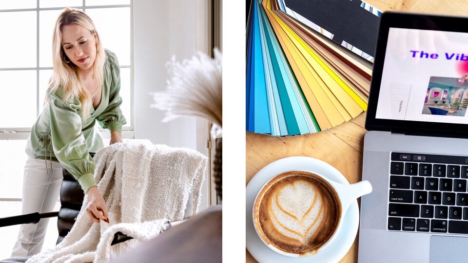 Two photos: One of Jodi Gaines arranging a blanket over a chair, the other of a cup of coffee, a laptop, and an array of color swatches on a desk.