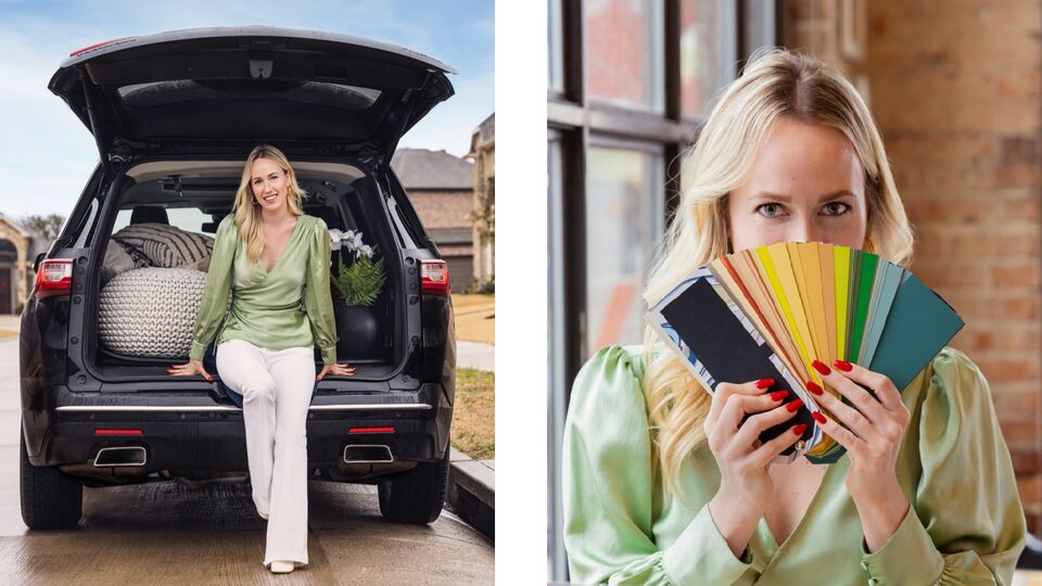 Two photos: One of Jodi Gaines sitting in the open back hatch of her black Chevy Traverse with some home decorating objects inside; the other of Jodi Gaines displaying an array of color swatches in front of her.