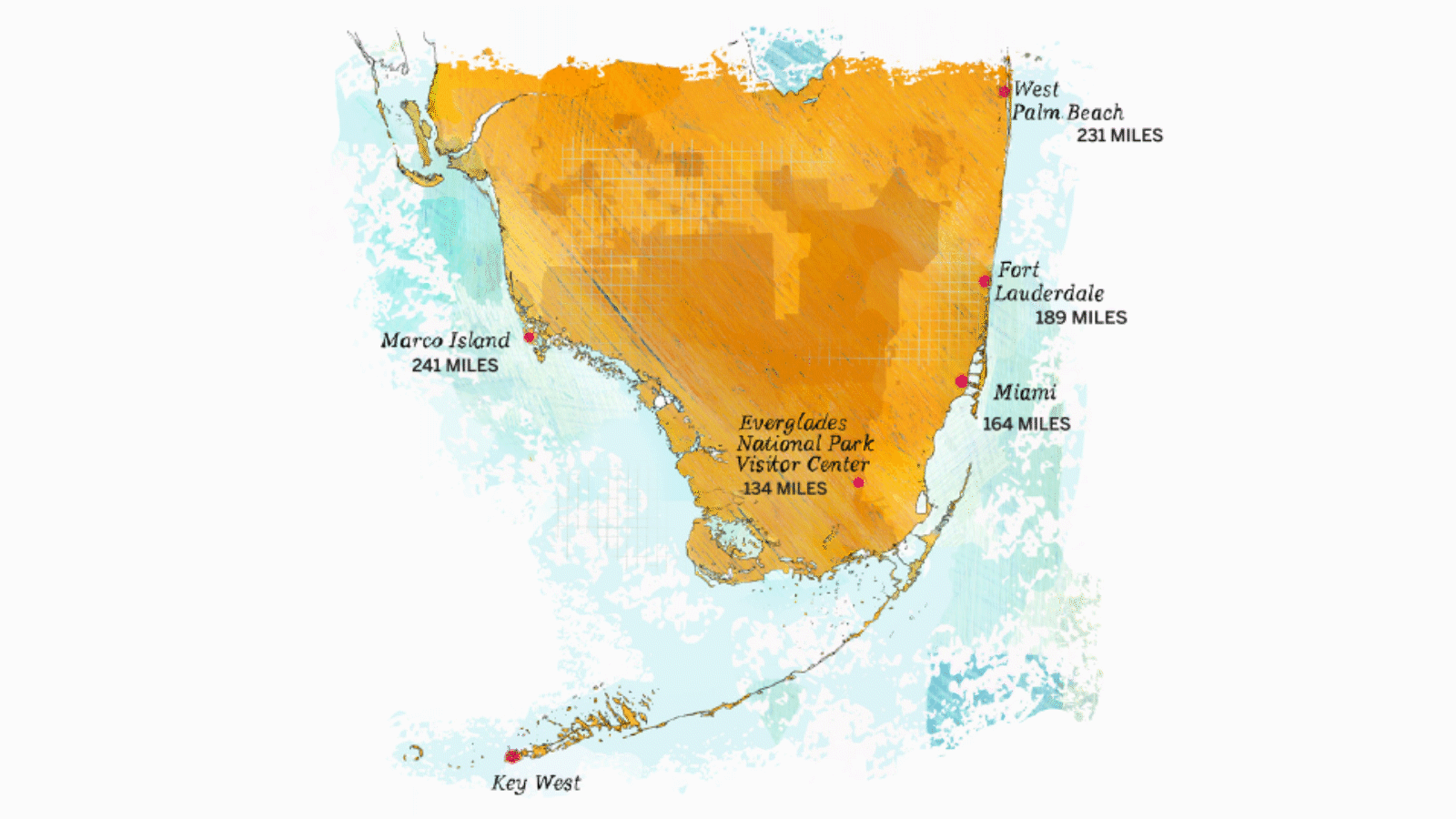 Un mapa ilustrado del Sur de Florida y los Cayos.