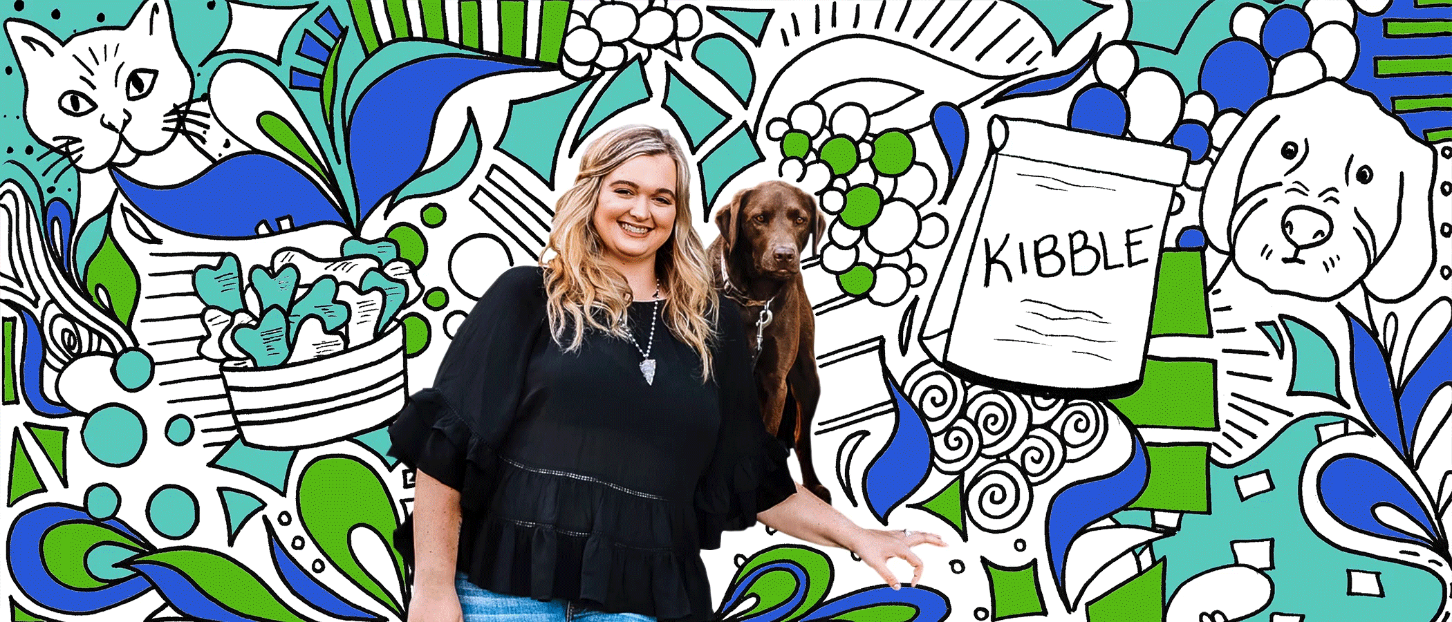 Una animación que comienza con Scout Bagley parada con su perro, mezcla de labrador color chocolate, en frente de un colorido mural, que desaparece pieza por pieza para revelar que Scout está parada junto a la puerta trasera abierta de su Silverado, repleta de comida para mascotas.
