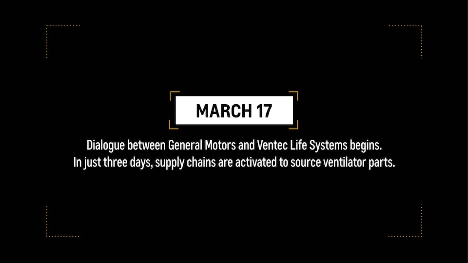 Video frame reading “March 17: Dialogue between General Motors and Ventec begins. In just three days, supply chains are activated to source video parts.”