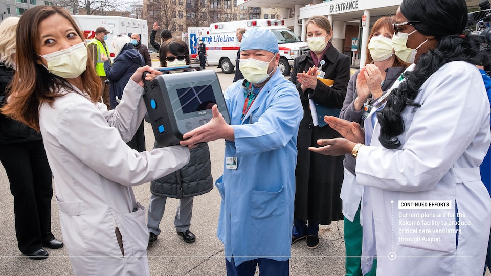 People in face masks stand outside a hospital applauding as a woman hands a piece of equipment to a man wearing surgical scrubs. Text on image reads “Continued efforts: Current plans are for the Kokomo facility to produce critical care ventilators through August.”