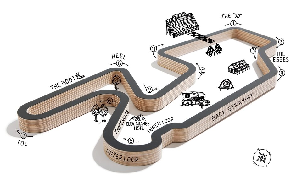 An illustration of Watkins Glen International Raceway, showing the named turns and other landmarks. Hotspot buttons surround it to click for more information on the turns.