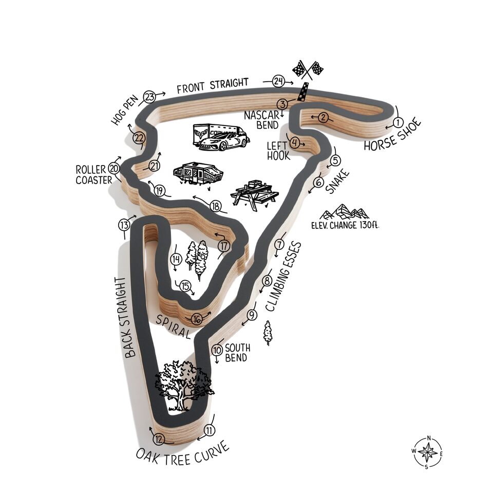 Una ilustración de Virginia International Raceway, que muestra las curvas con nombre y otros puntos de referencia. Los botones de acceso rápido lo rodean para hacer clic y obtener más información sobre las curvas.